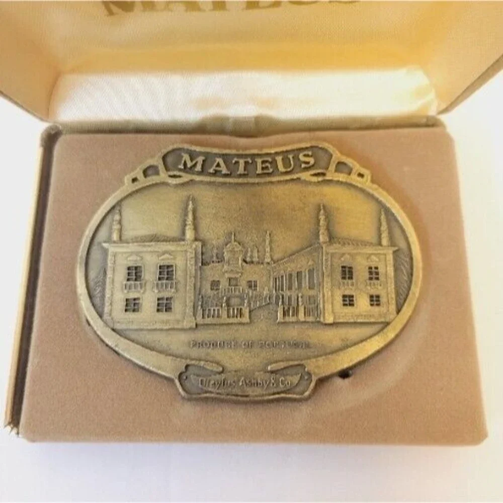 Vtg 1970s Mateus Booze Produce Of Portugal Brasstone Belt Buckle With Box